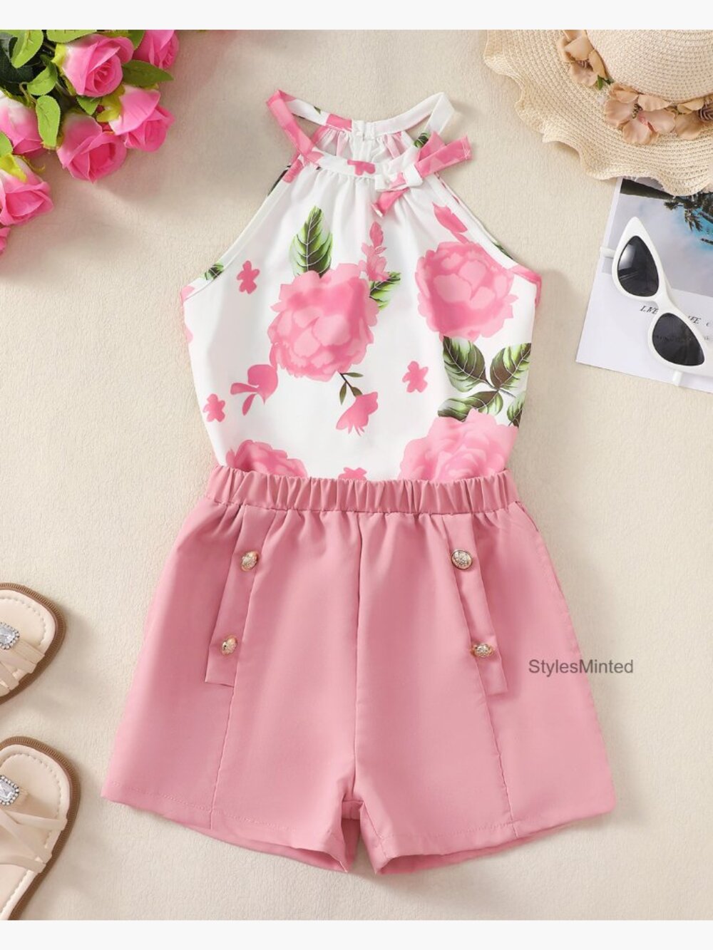 Kids Floral Crop Top & Shorts Set 2 Piece Summer Outfit Size 8-12 - Picture 7 of 7